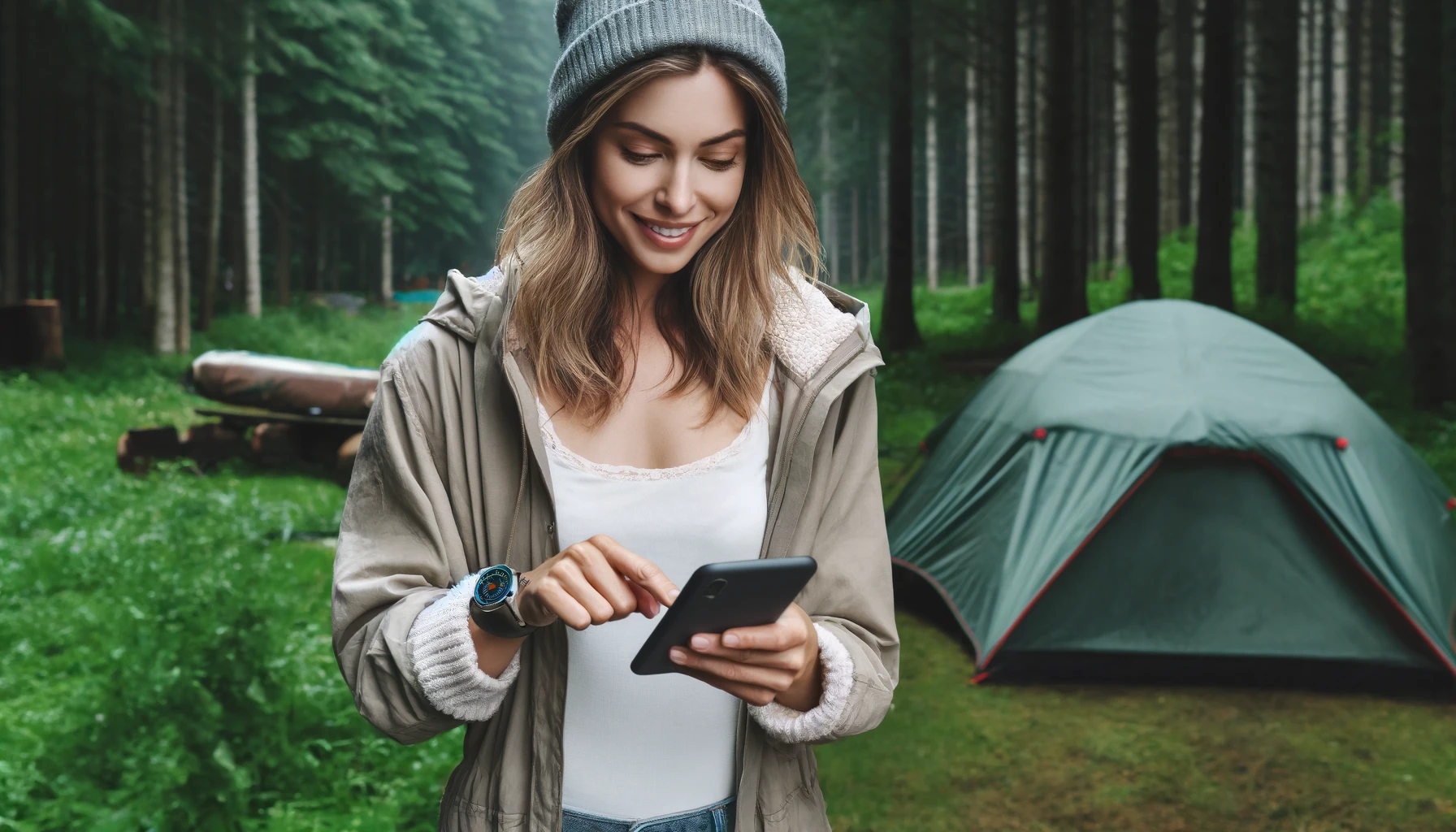 An attractive woman using a location tracking app on her smartphone while camping