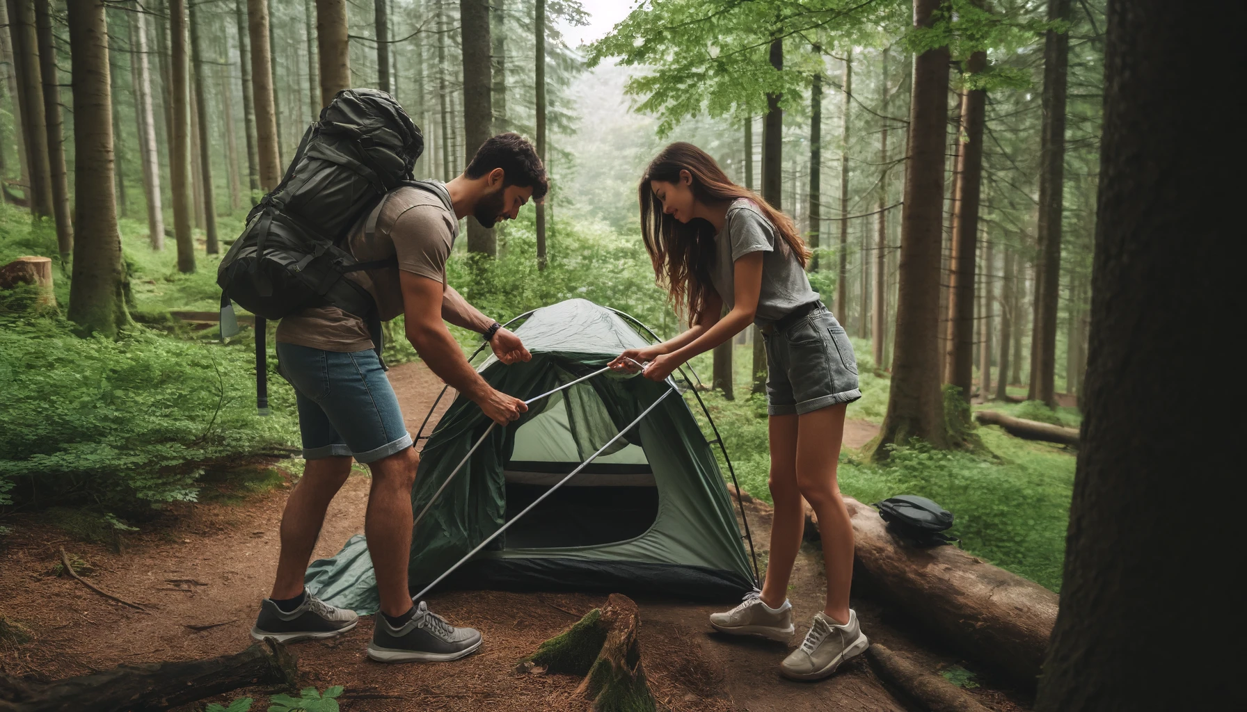 A couple building a tent in a forest during a hike