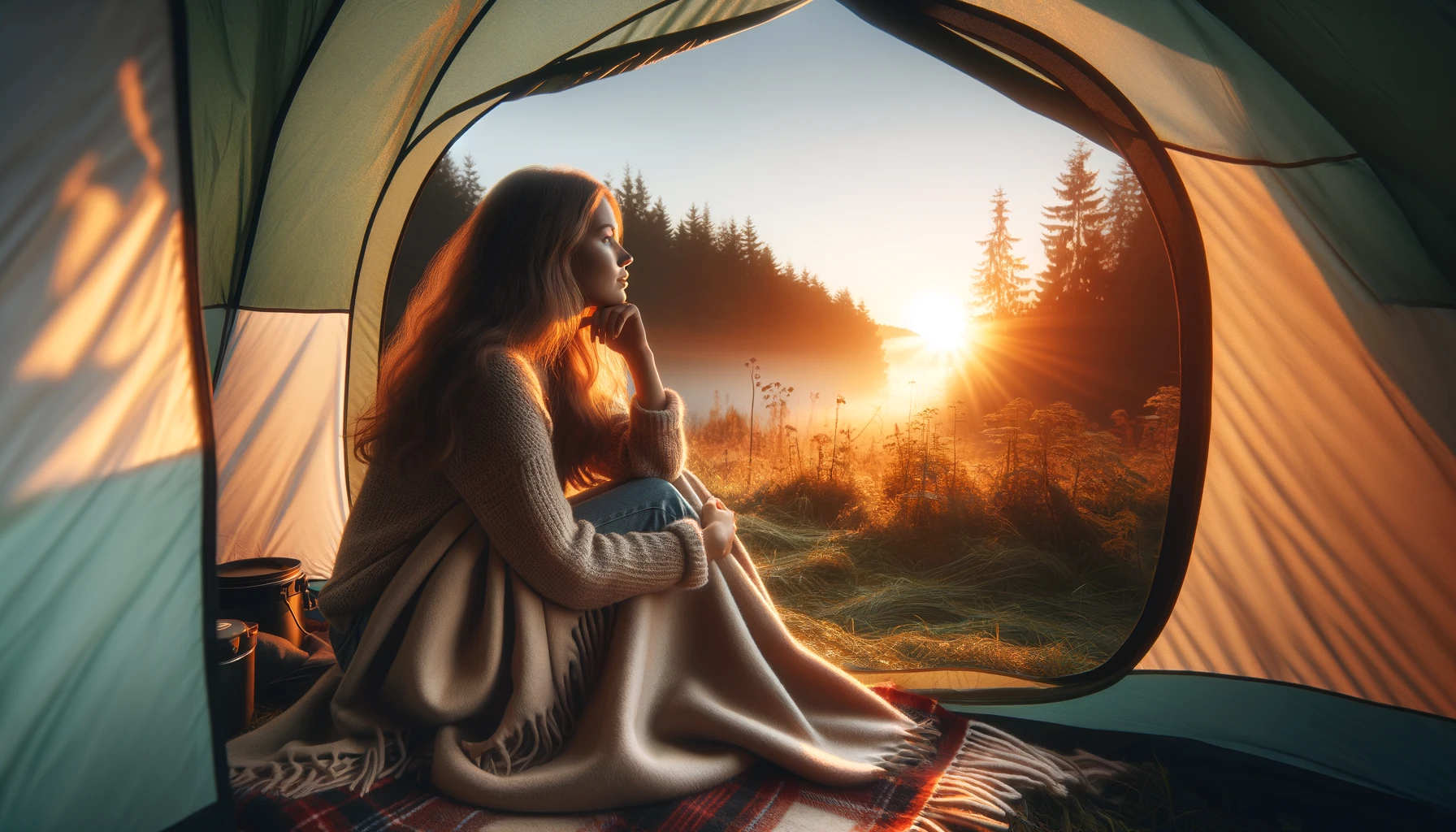 A young woman watching the sunrise outside her camping tent