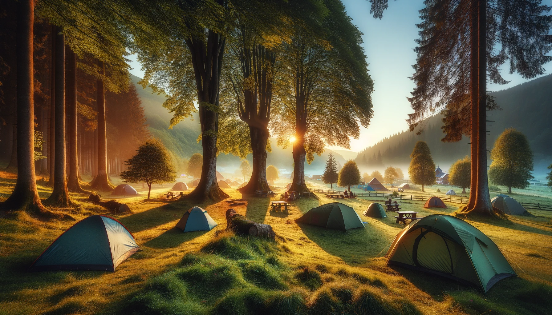 A serene camping area early in the morning in Europe, featuring a landscape dotted with several tents