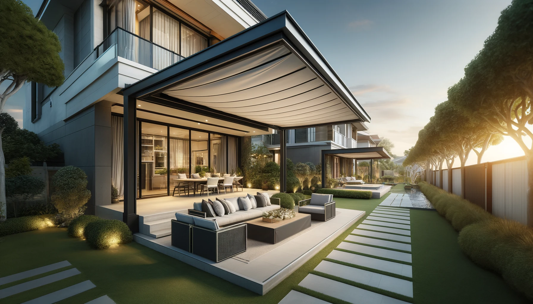 A luxurious house terrace with a stylish awning, set in a beautiful, affluent residential area