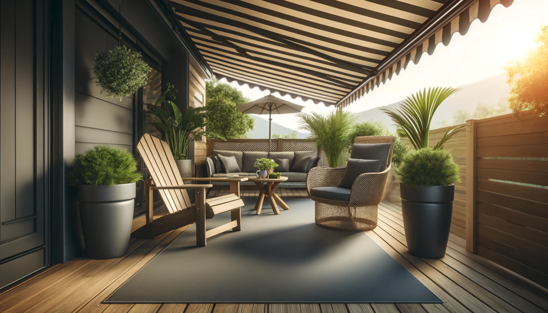 A comfortable deck seating arrangement under an awning, featuring a stylish outdoor setup