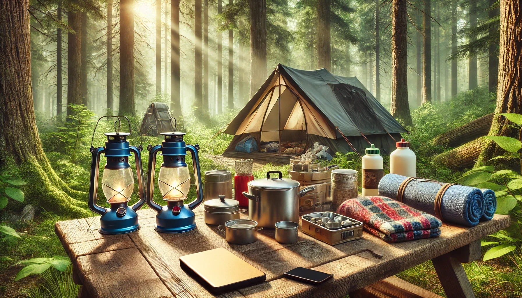 A campsite in a dense forest with all necessary gear for camping.