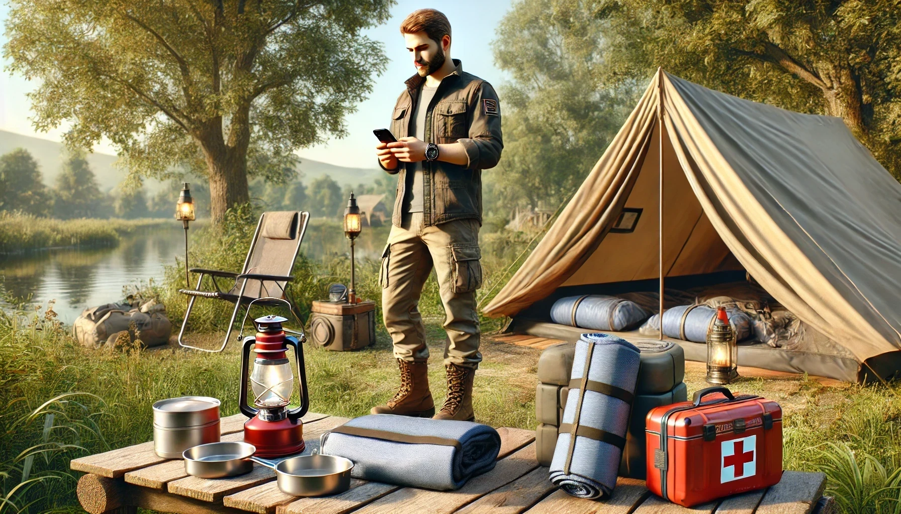 A man stands next to a tent and holds a phone in his hands, around him all necessary for camping things are located.