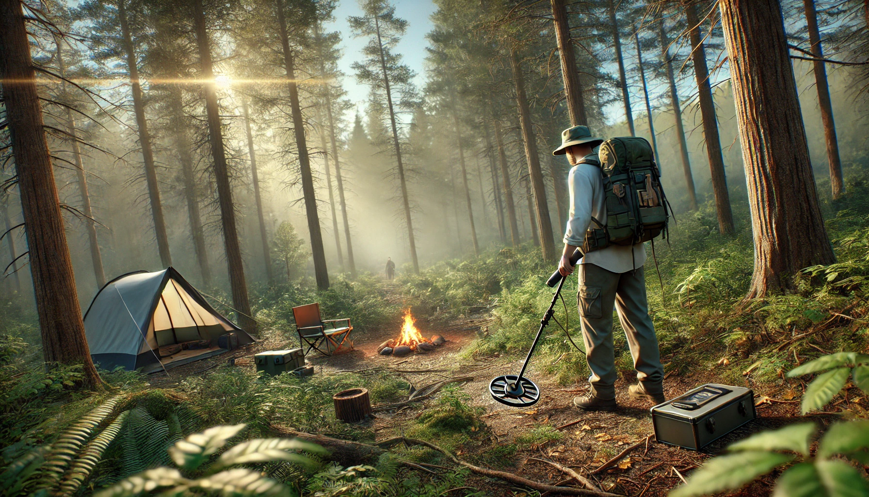A man is using a metal detector in a camping environment. The setting is a serene forest with a mix of tall trees and patches of sunlight filtering through the canopy.