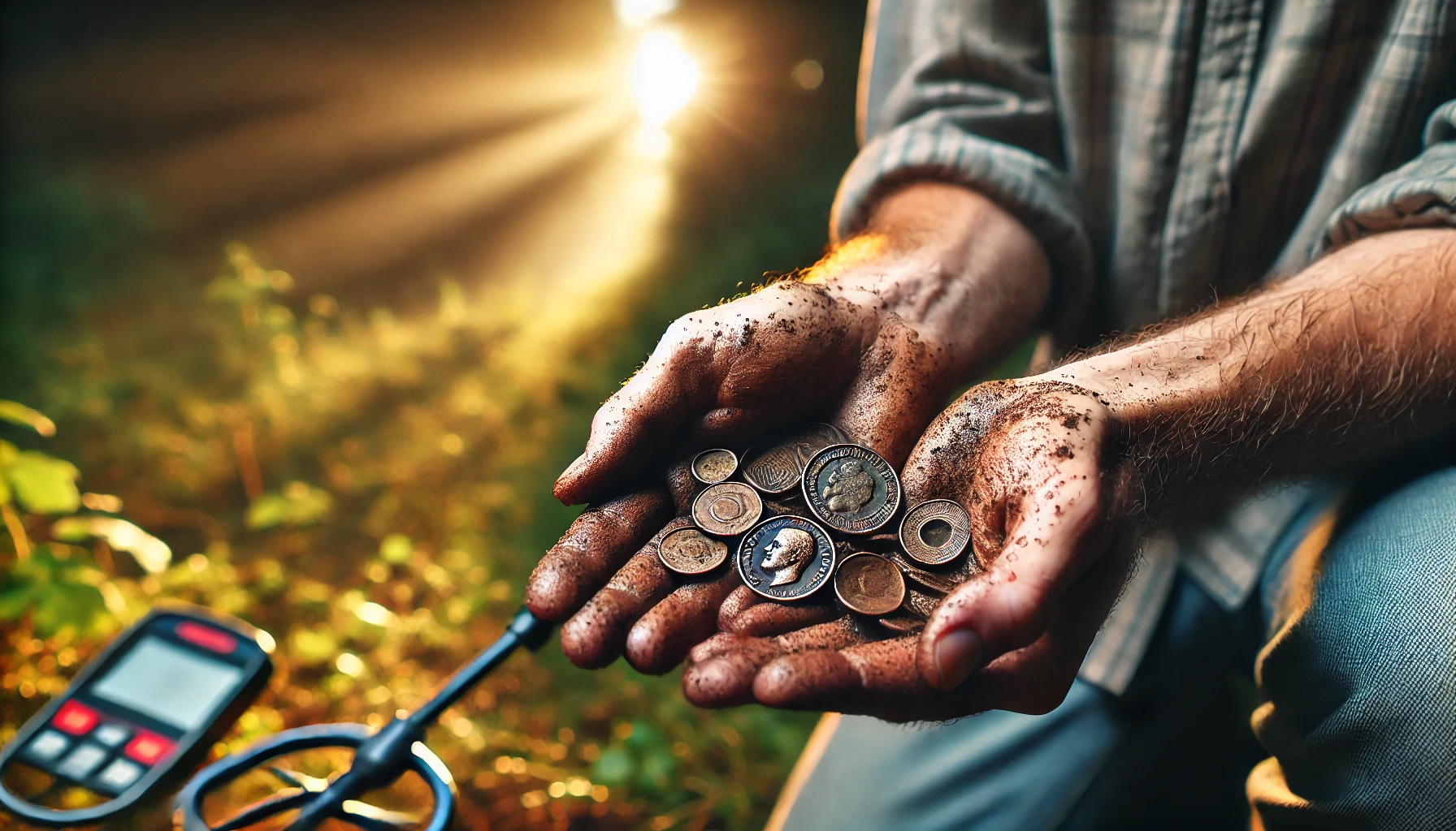 A man is holding a few coins in the palm of his hands, discovered through metal detecting.