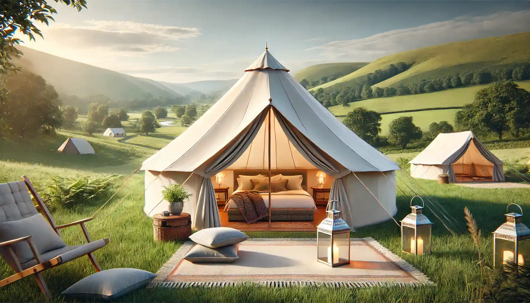 a premium cotton tent set up in the picturesque countryside of the UK.