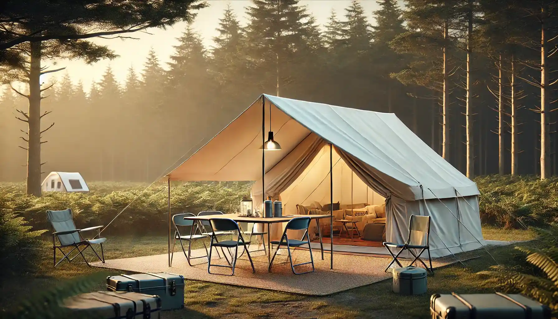 a campsite featuring a large cotton tent with a durable awning extended over a dining area.