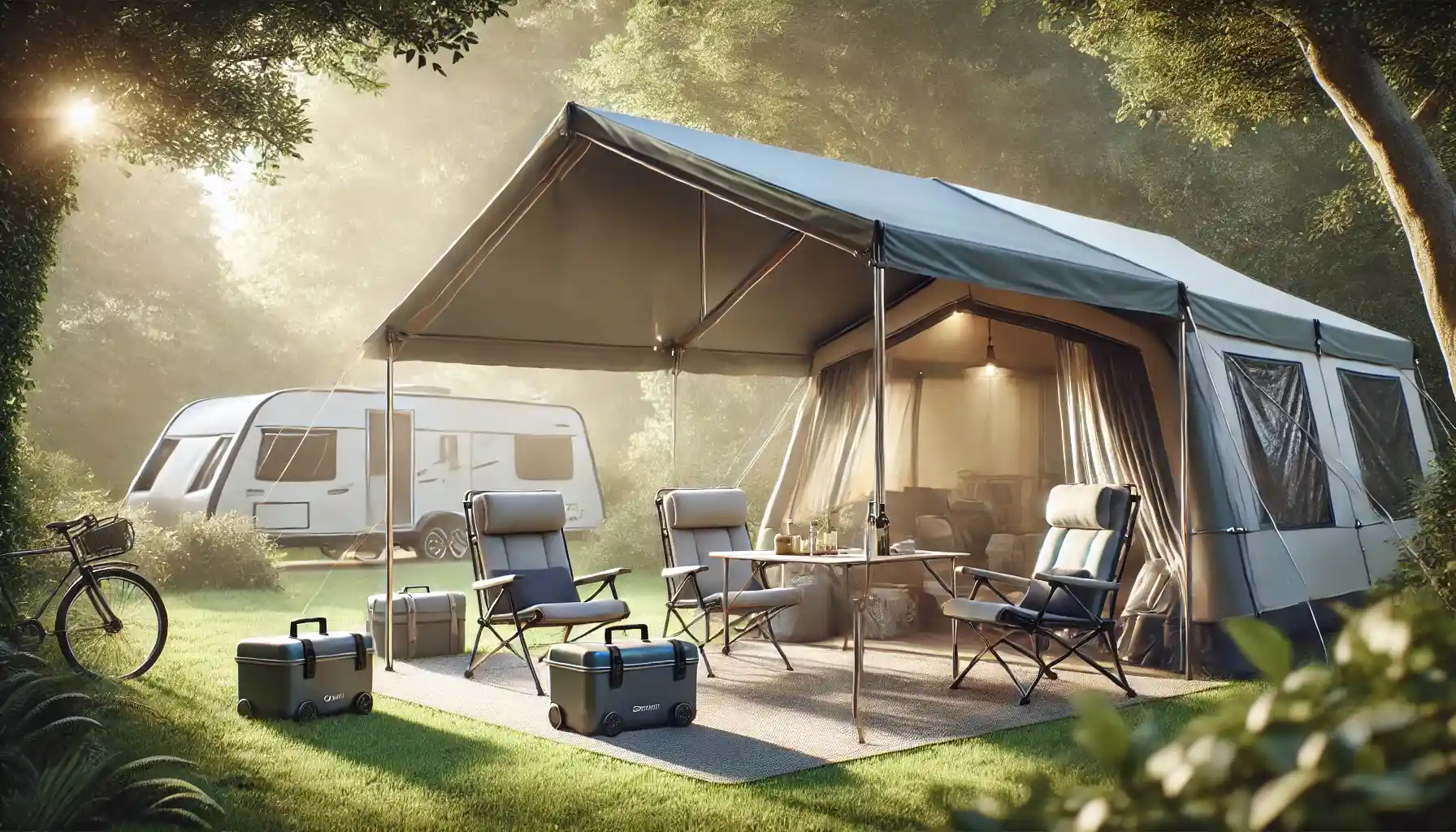 a spacious campsite featuring a high-quality leisure awning attached to a modern tent. 