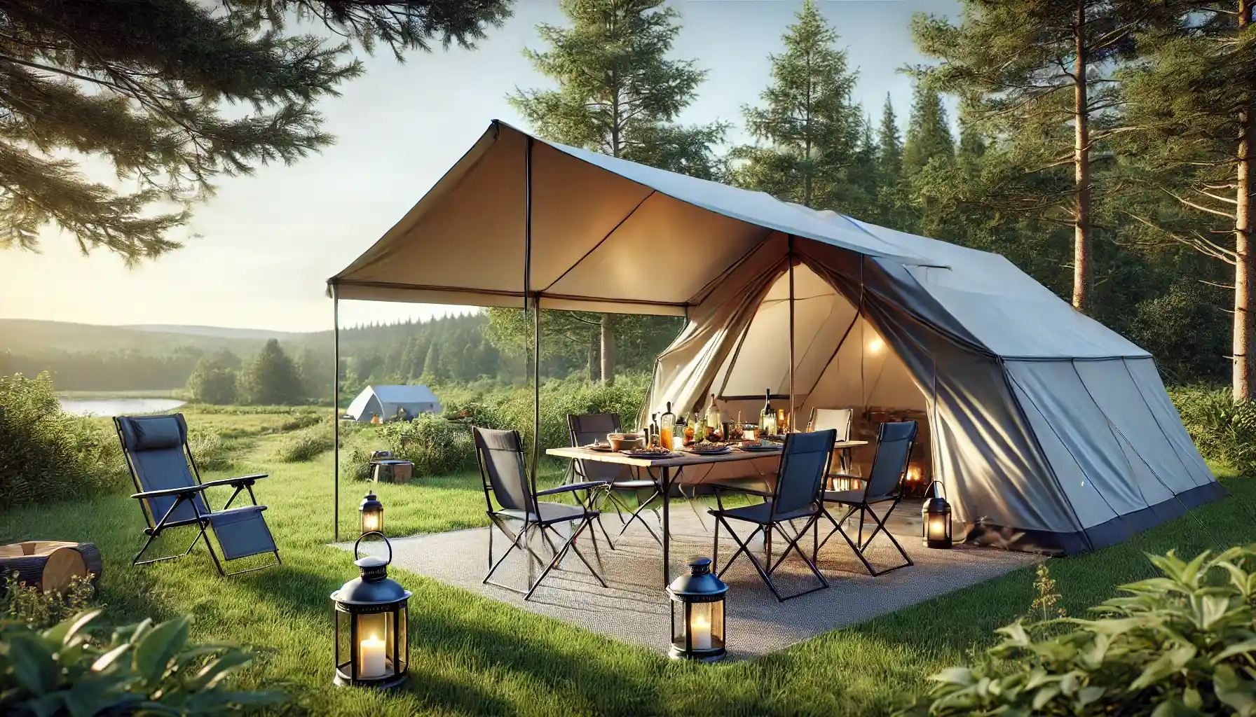 a serene campsite in the UK featuring a large leisure awning providing shade over a dining setup.