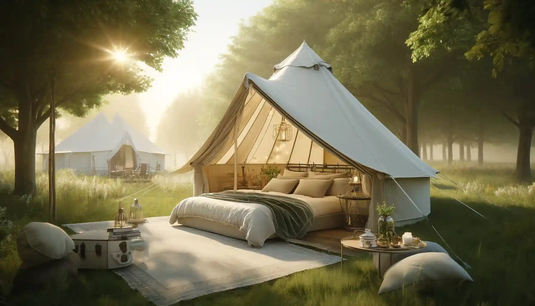 a luxurious glamping setup featuring a spacious cotton bell tent with an extended awning in a serene countryside setting, surrounded by lush greenery and soft sunlight.