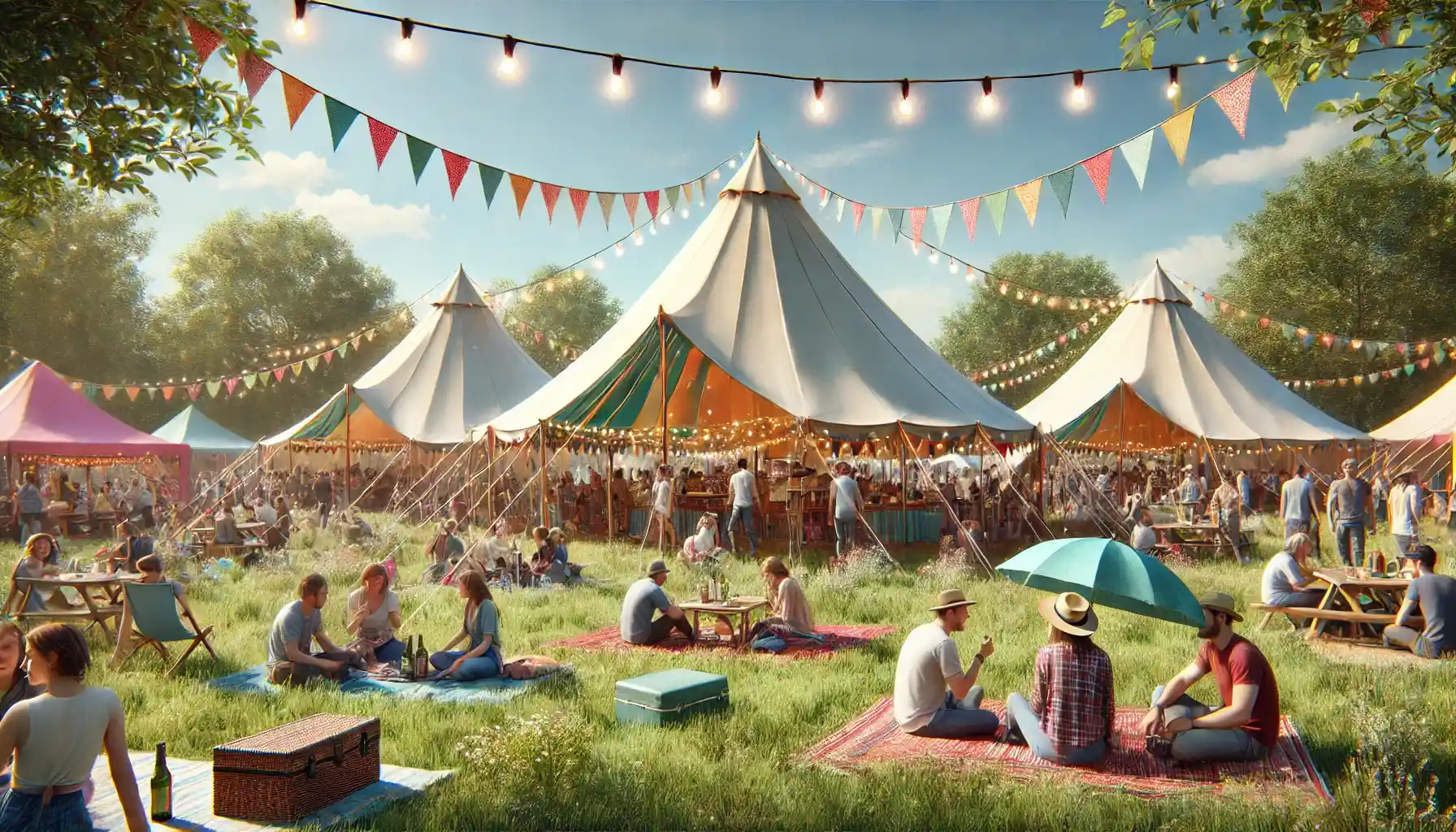 a vibrant outdoor festival featuring several cotton bell tents with colorful awnings in an open grassy area.