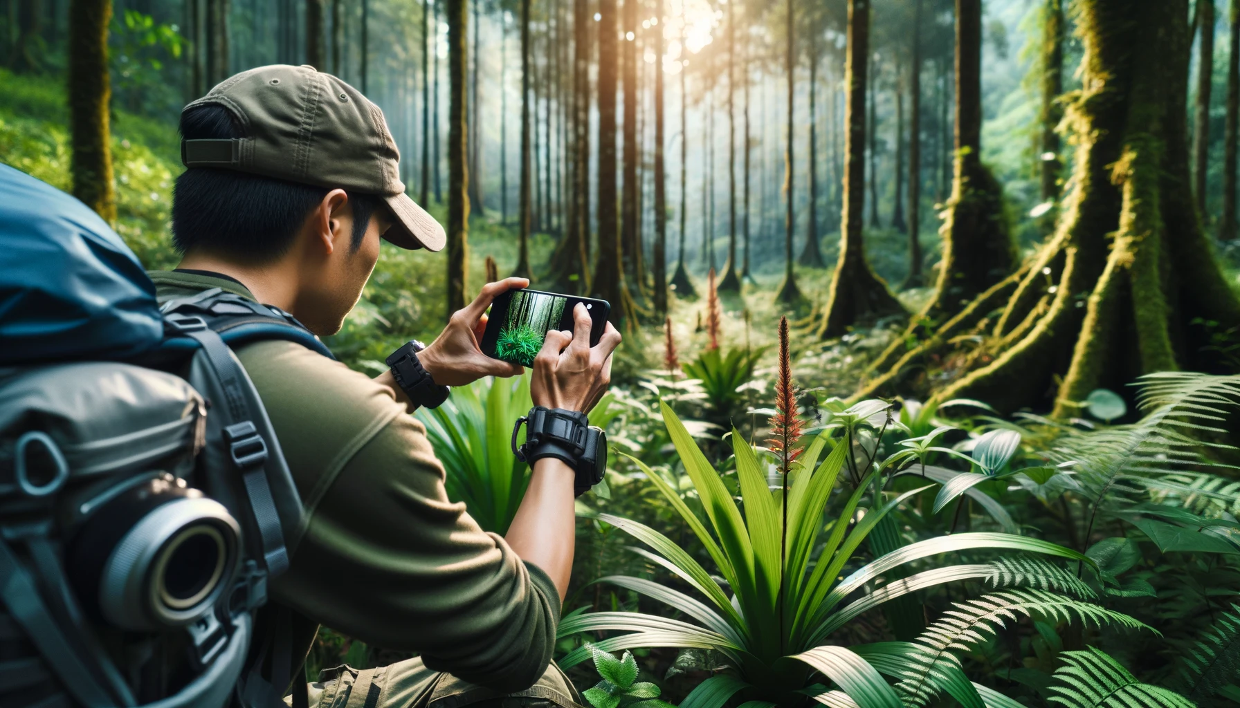 A camper taking pictures of plants in a dense forest using a smartphone.