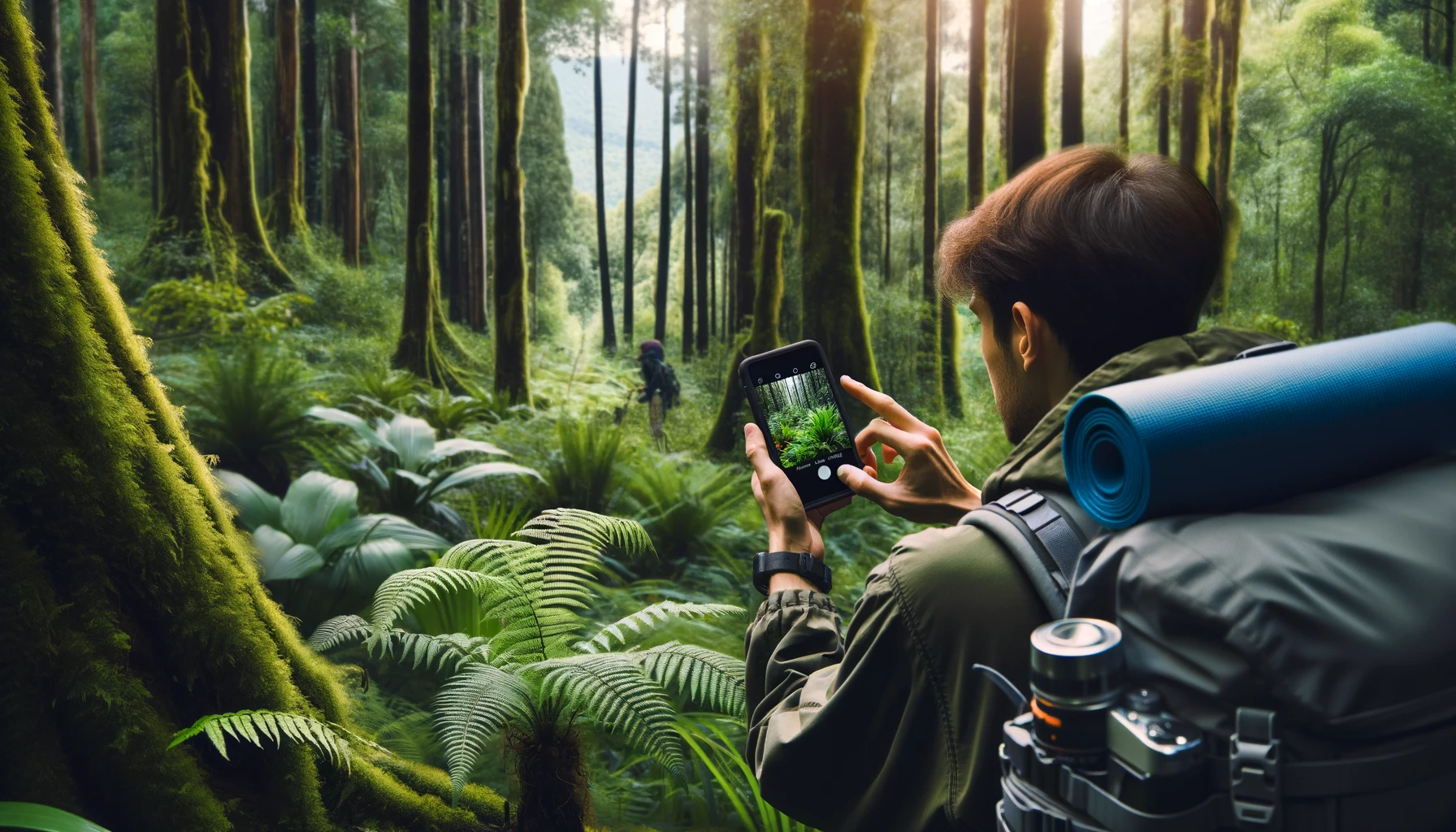 A camper taking pictures of plants in a dense forest using a smartphone. The camper is wearing outdoor gear, including a backpack, and is surrounded by tall trees and lush greenery.
