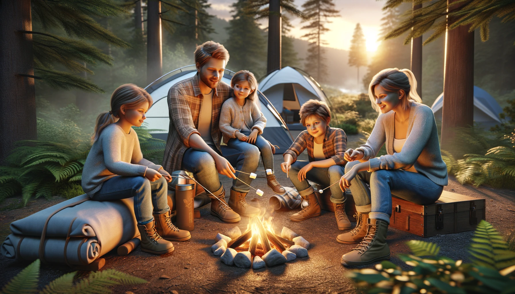 A family camping in the outdoors. They are sitting around a campfire, roasting marshmallows and enjoying the evening. The family consists of parents and three children, all dressed in casual outdoor clothing. 