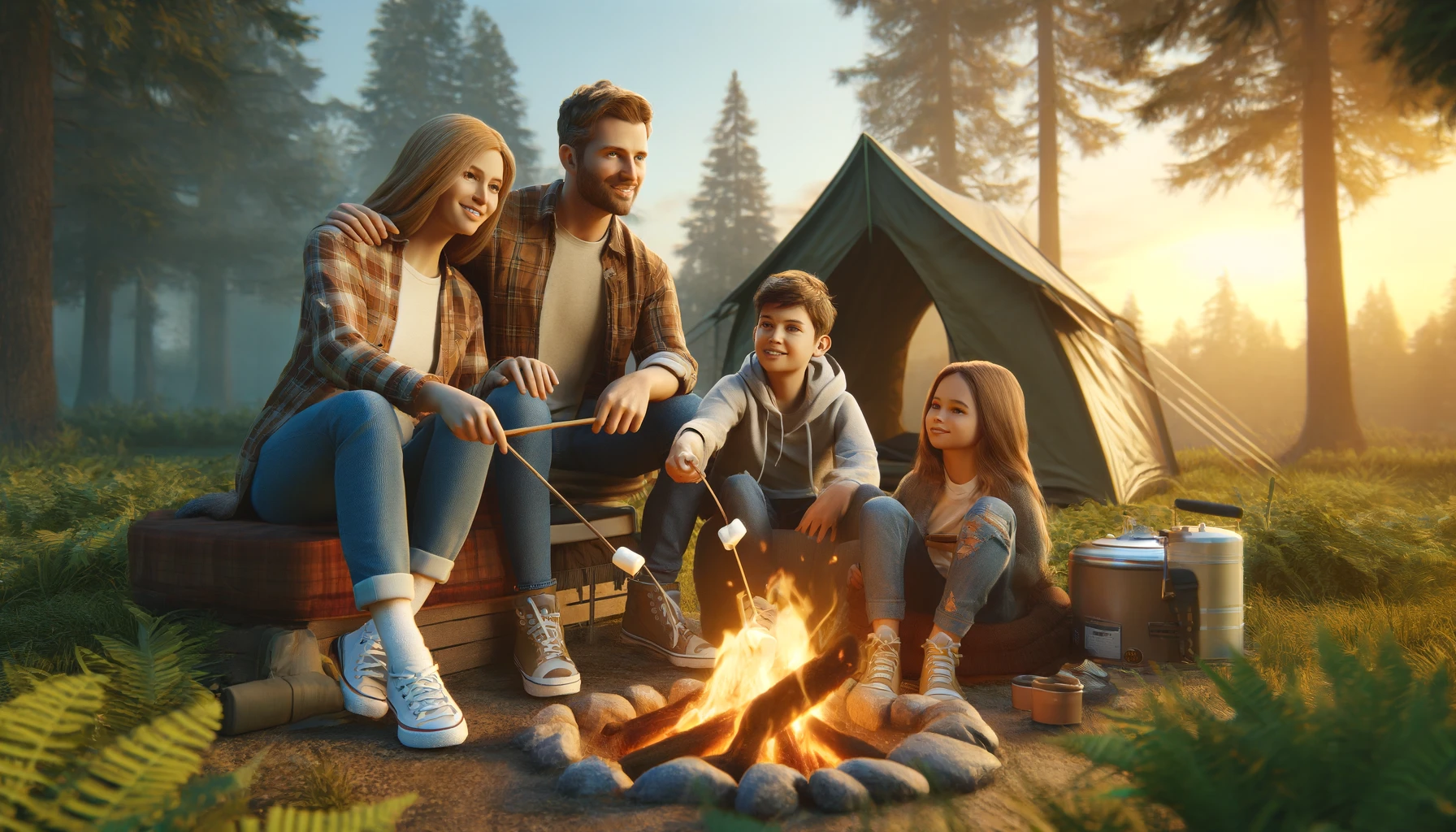 A family camping in the outdoors. They are sitting around a campfire, roasting marshmallows and enjoying the evening. The family consists of parents and two children, all dressed in casual outdoor clothing.