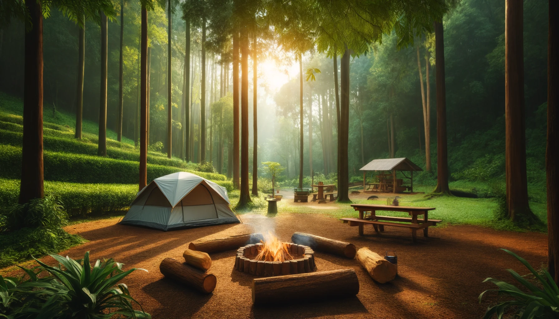 A serene camping zone without people. The area features a neatly pitched tent, a campfire with logs around it, and a picnic table.