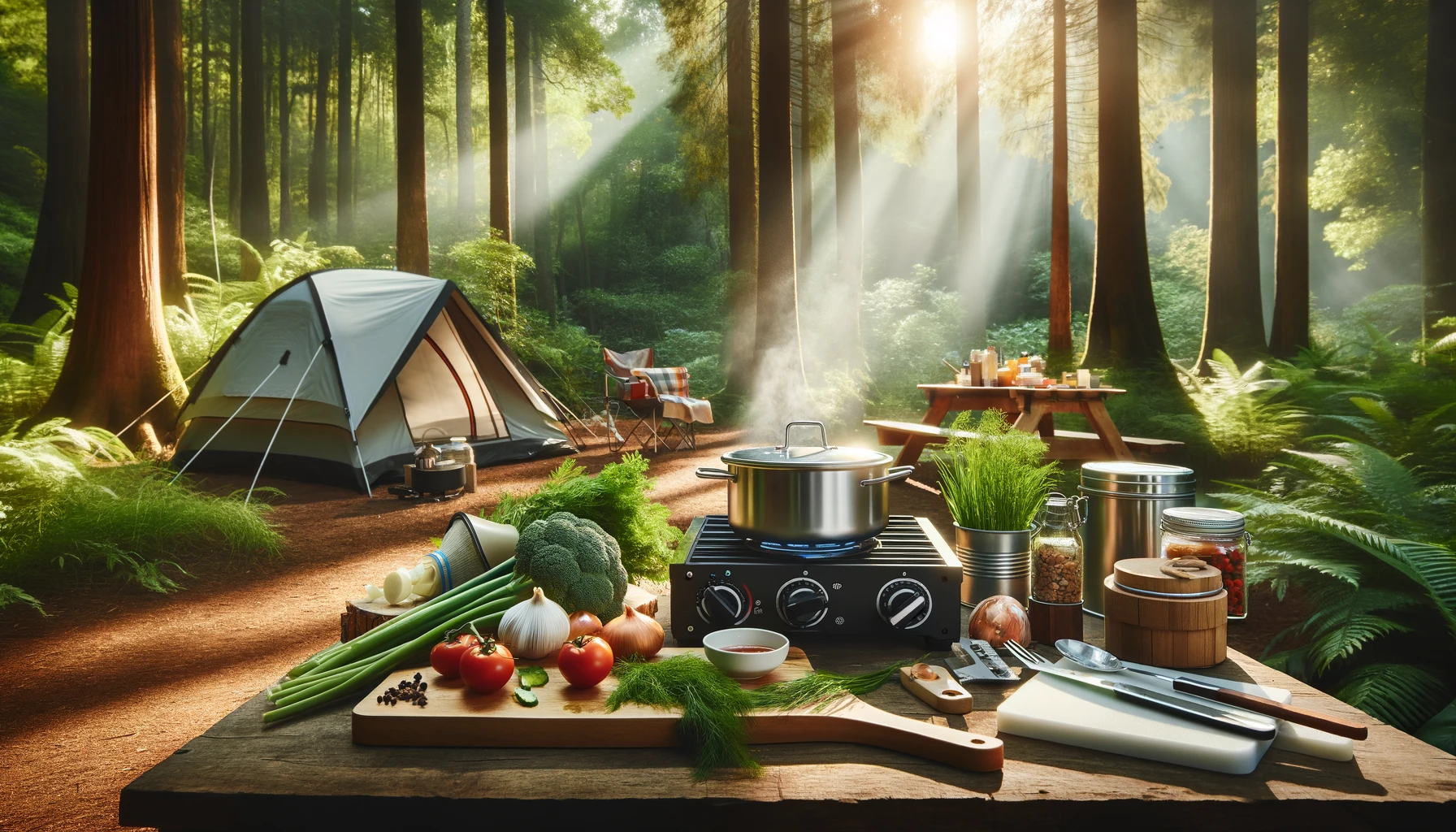 A serene camping cooking setup without people. The scene features a portable camping stove with a pot on it, a cutting board with fresh vegetables, and various cooking utensils.