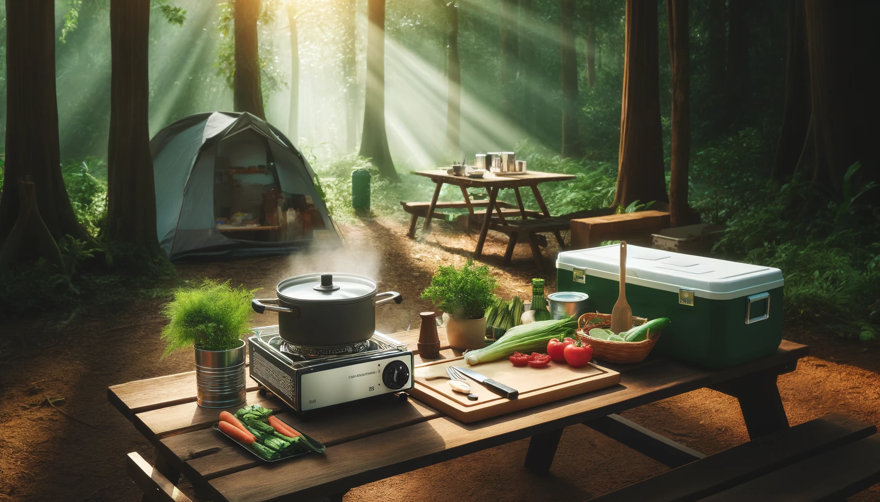 A serene camping cooking setup without people. The scene features a portable camping stove with a pot on it, a cutting board with fresh vegetables, and various cooking utensils. 