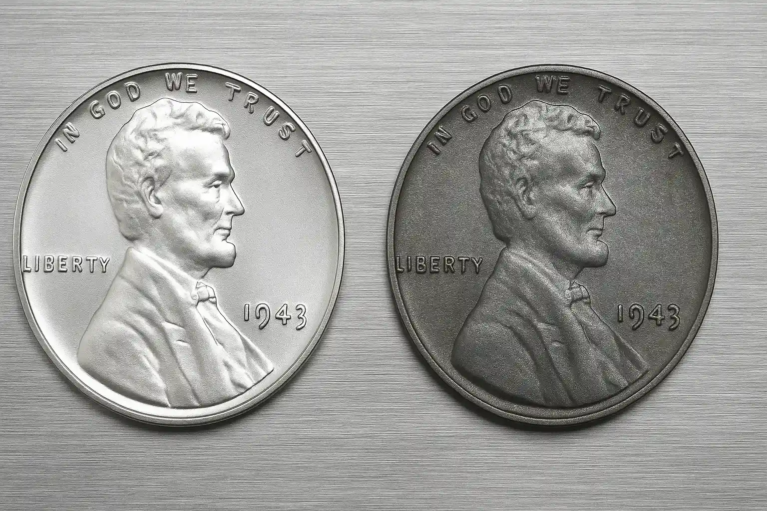 how 1943 silver penny may look if exists next to a steel one