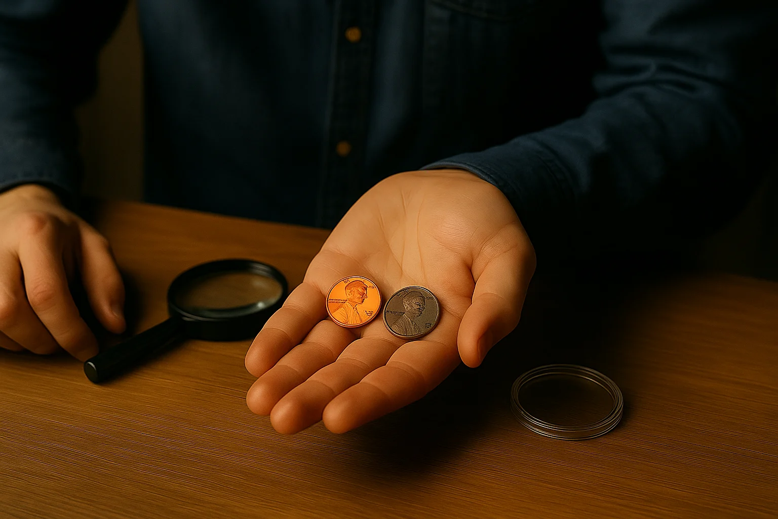 A collector examines two Lincoln pennies—one bright red and one dark brown—comparing their color grades under warm light.