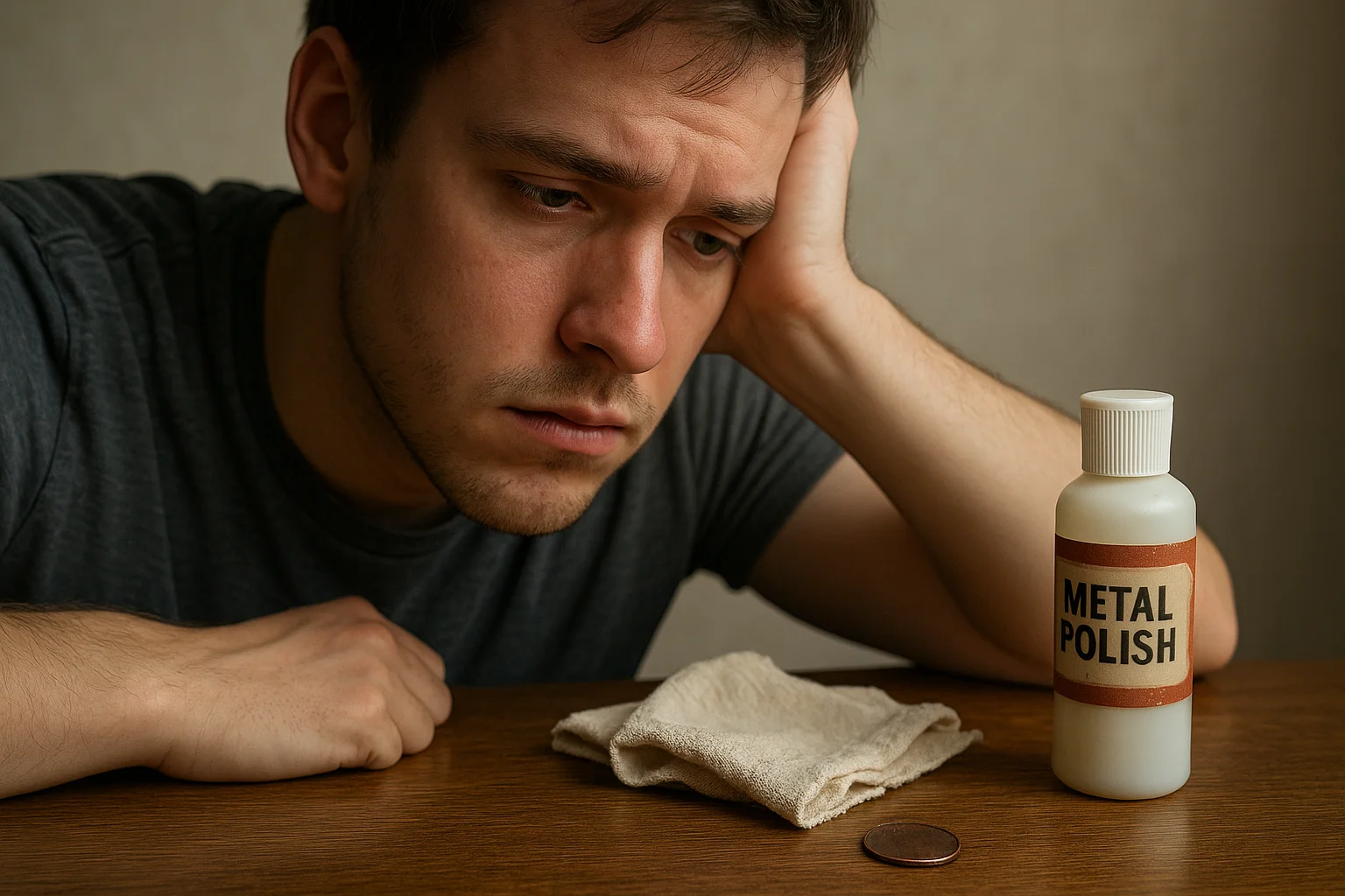 A man looks regretfully at a tarnished penny beside a polishing cloth and bottle, realizing the damage caused by cleaning.