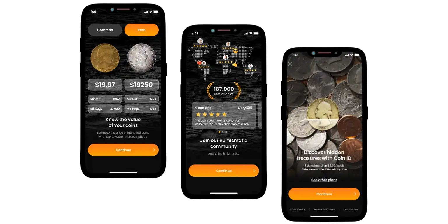 A screen with the Coin ID Scanner key features